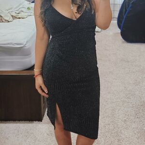 Three Hearts Black Bodycon Dress with Plunge Neckline and Slit